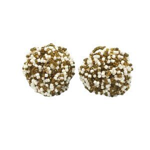 Seed Bead Party Puff Earrings, Vintage White and Gold Clip On